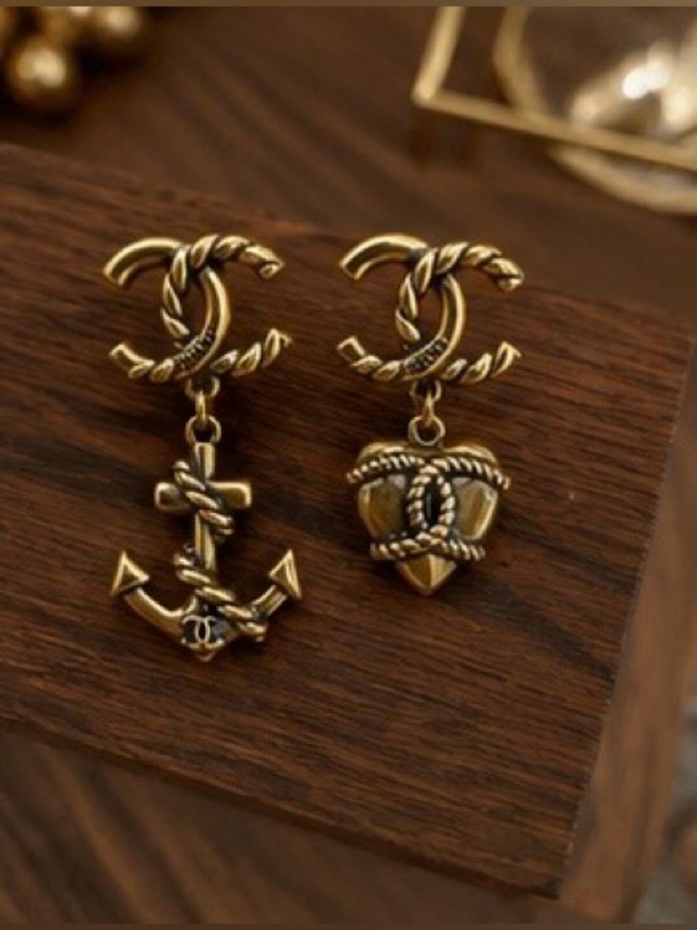 Vintage Inspired Gold Tone Nautical Mismatched Anchor & Heart Drop Earrings - Picture 5 of 10